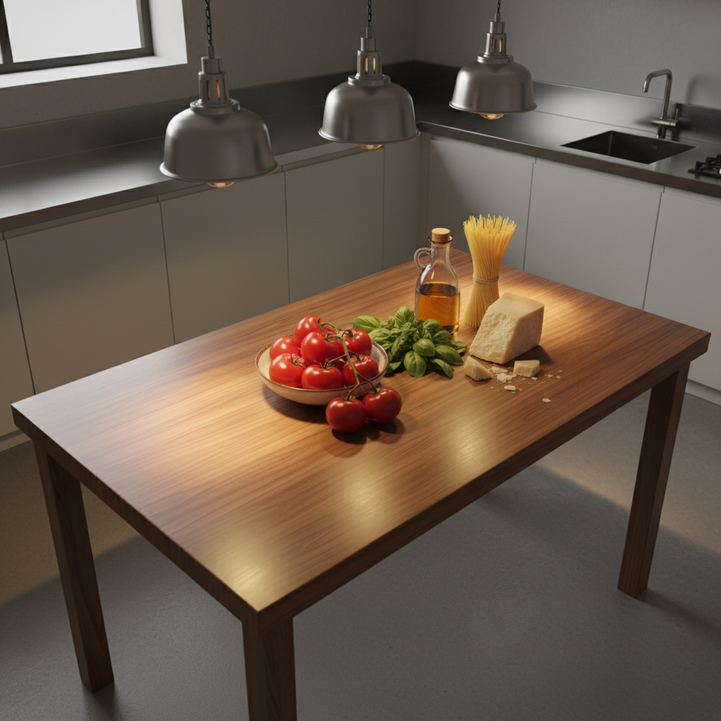 A long, polished walnut chef’s table set with an array of iconic Italian ingredients: heirloom San Marzano tomatoes, glossy emerald basil leaves, a wedge of aged Parmigiano with a textured rind, golden extra virgin olive oil in a crystal-clear bottle, and neatly bundled handmade spaghetti. The table stands in a minimalist, high-end test kitchen with stainless steel counters and matte white cabinetry. Overhead, warm pendant lighting casts focused pools of light, creating refined highlights and soft, elongated shadows. The camera captures the scene from a high, three-quarter angle with crisp focus, emphasizing textures and colors. The mood is sophisticated and authoritative, suggesting a culinary laboratory devoted to preserving the global standard of authentic Italian cuisine, presented in clean photographic realism.