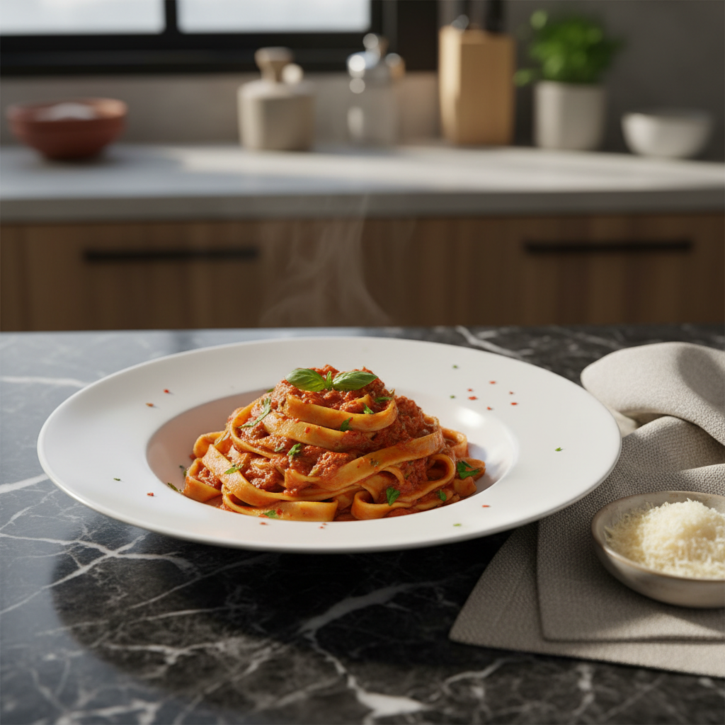 A meticulously plated tagliatelle al ragù on a pristine white porcelain plate with a fine gloss, each ribbon of pasta coated in a velvety brick-red sauce speckled with herbs. The dish rests on a dark, veined Carrara marble table beside a folded linen napkin and a small dish of freshly grated Parmigiano Reggiano. Soft, diffused natural light from a side window creates gentle highlights on the sauce and subtle shadows under the plate. The background is softly blurred, hinting at a refined modern Italian kitchen in warm neutral tones. Photographic realism, shot at a slightly elevated three-quarter angle with shallow depth of field, conveying sophistication, authenticity, and understated elegance.