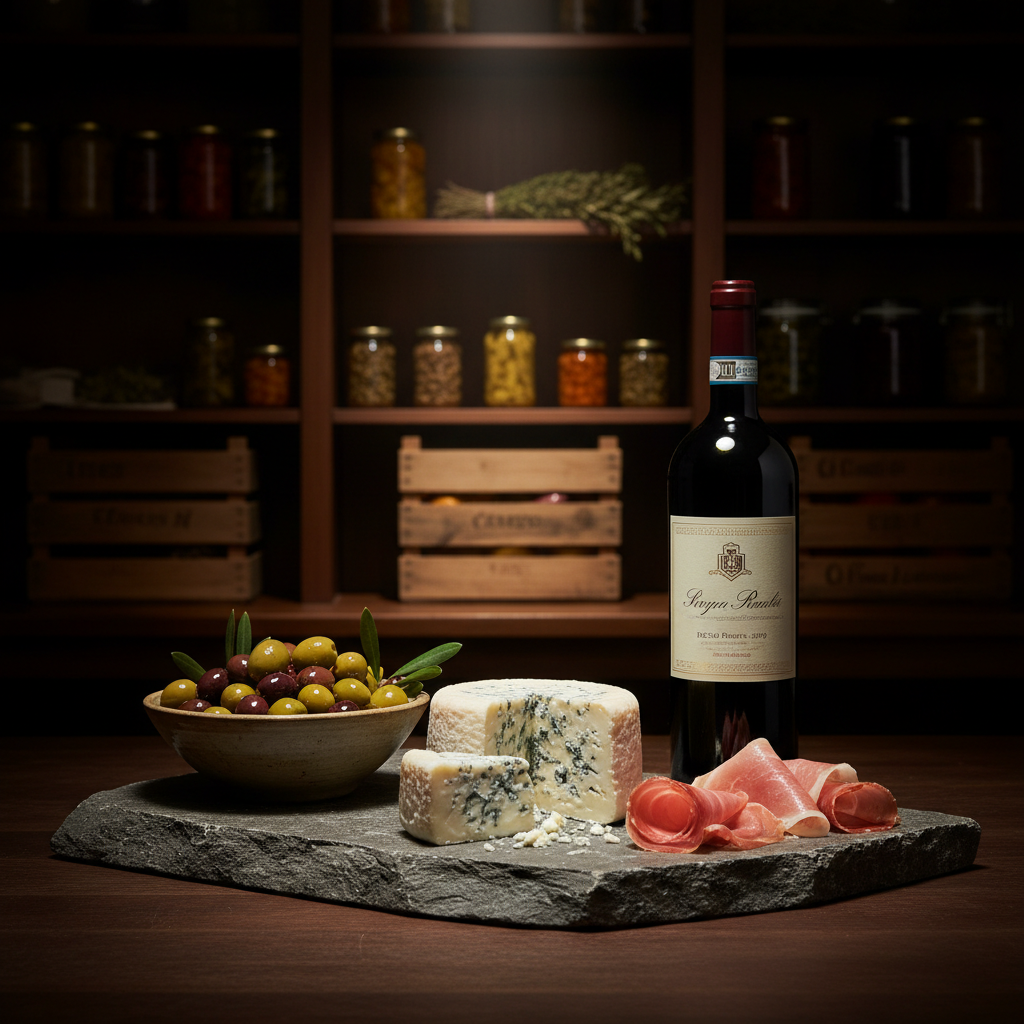 A refined composition of regional Italian specialty products arranged on a textured stone slab: a small wheel of Gorgonzola with intricate blue marbling, thinly sliced Prosciutto di Parma folded into delicate curls, green and black olives in a matte ceramic bowl, and a bottle of DOCG red wine with an elegant label. The slab sits on a dark wooden surface in a dimly lit, climate-controlled pantry lined with shadowy shelves of preserved goods and neatly stacked wooden crates. A single directional spotlight from above bathes the products in warm, concentrated light, enhancing their colors and textures while the background falls into a soft, luxurious darkness. Captured at eye level with moderate depth of field, in rich photographic realism, the scene exudes exclusivity, precision, and the quiet authority of true Italian gastronomic heritage.