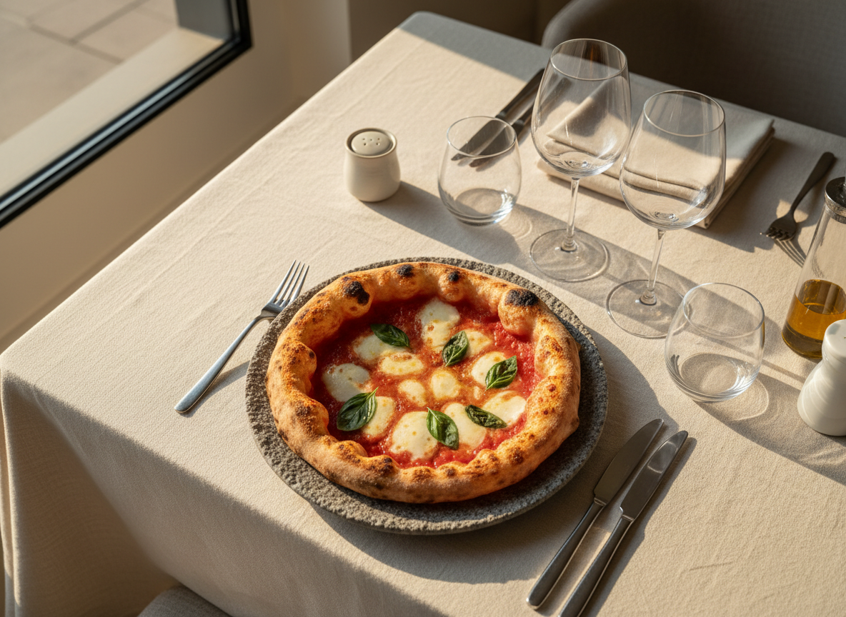 An impeccably set modern Italian dining table featuring a single, perfectly blistered Neapolitan pizza on a stone-grey plate, its airy crust charred in spots, topped with molten buffalo mozzarella, vibrant tomato sauce, and fresh basil leaves. The table is clad in a smooth ivory tablecloth with a subtle weave, accompanied by minimalist crystal glassware and brushed steel cutlery. Golden hour sunlight streams in from a large unseen window, creating a warm, inviting glow and soft reflections on the glass. The composition uses the rule of thirds from an overhead perspective, with the pizza slightly off-center and surrounding elements tastefully arranged. The atmosphere is luxurious yet restrained, in photographic realism, evoking the feeling of a temple dedicated to true Italian pizza artistry.