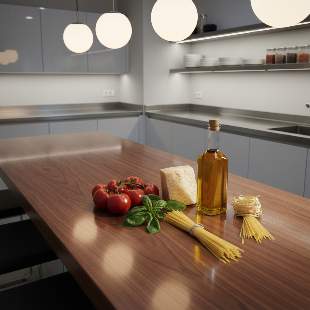 A long, polished walnut chef’s table set with an array of iconic Italian ingredients: heirloom San Marzano tomatoes, glossy emerald basil leaves, a wedge of aged Parmigiano with a textured rind, golden extra virgin olive oil in a crystal-clear bottle, and neatly bundled handmade spaghetti. The table stands in a minimalist, high-end test kitchen with stainless steel counters and matte white cabinetry. Overhead, warm pendant lighting casts focused pools of light, creating refined highlights and soft, elongated shadows. The camera captures the scene from a high, three-quarter angle with crisp focus, emphasizing textures and colors. The mood is sophisticated and authoritative, suggesting a culinary laboratory devoted to preserving the global standard of authentic Italian cuisine, presented in clean photographic realism.