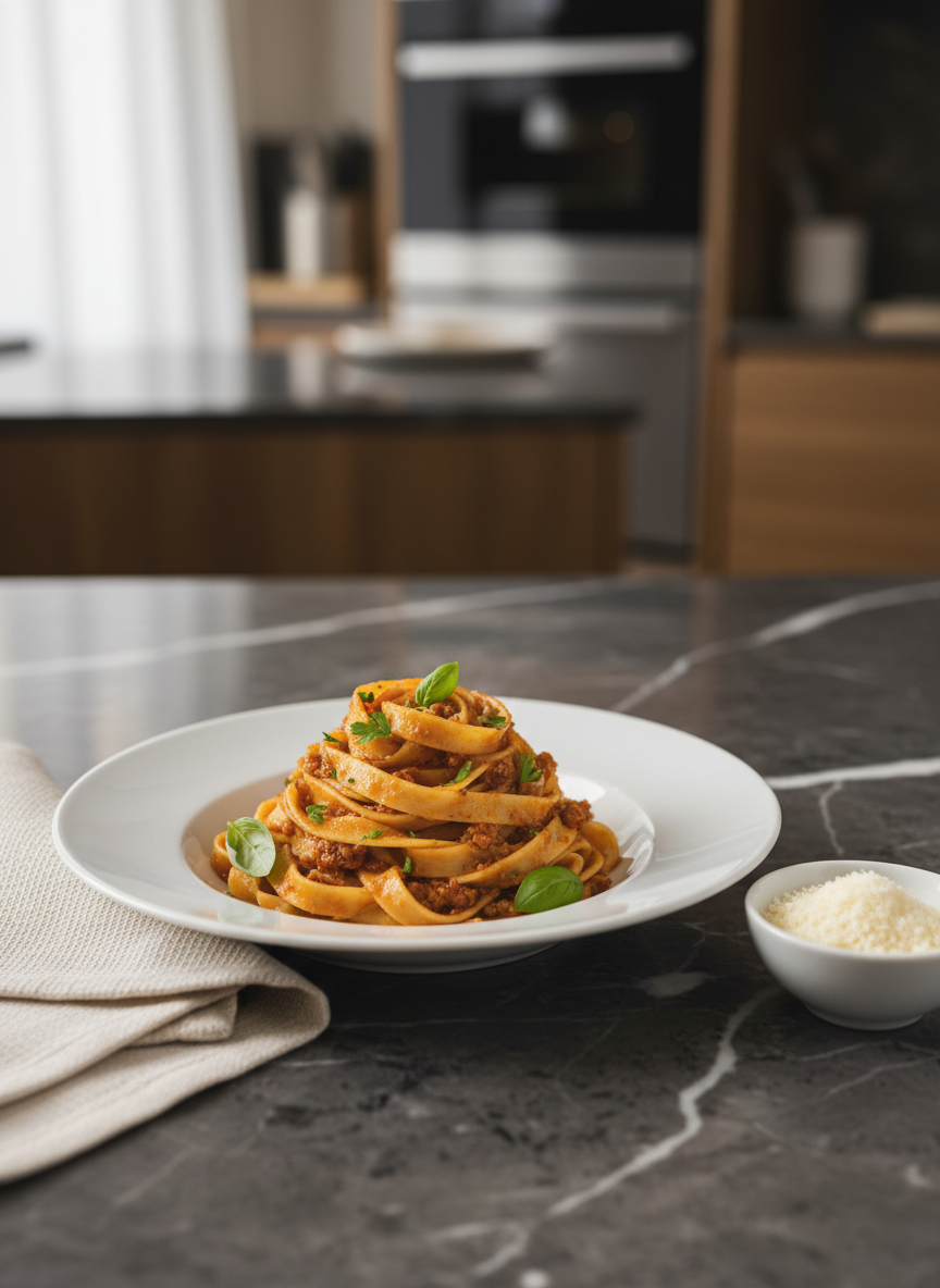A meticulously plated tagliatelle al ragù on a pristine white porcelain plate with a fine gloss, each ribbon of pasta coated in a velvety brick-red sauce speckled with herbs. The dish rests on a dark, veined Carrara marble table beside a folded linen napkin and a small dish of freshly grated Parmigiano Reggiano. Soft, diffused natural light from a side window creates gentle highlights on the sauce and subtle shadows under the plate. The background is softly blurred, hinting at a refined modern Italian kitchen in warm neutral tones. Photographic realism, shot at a slightly elevated three-quarter angle with shallow depth of field, conveying sophistication, authenticity, and understated elegance.