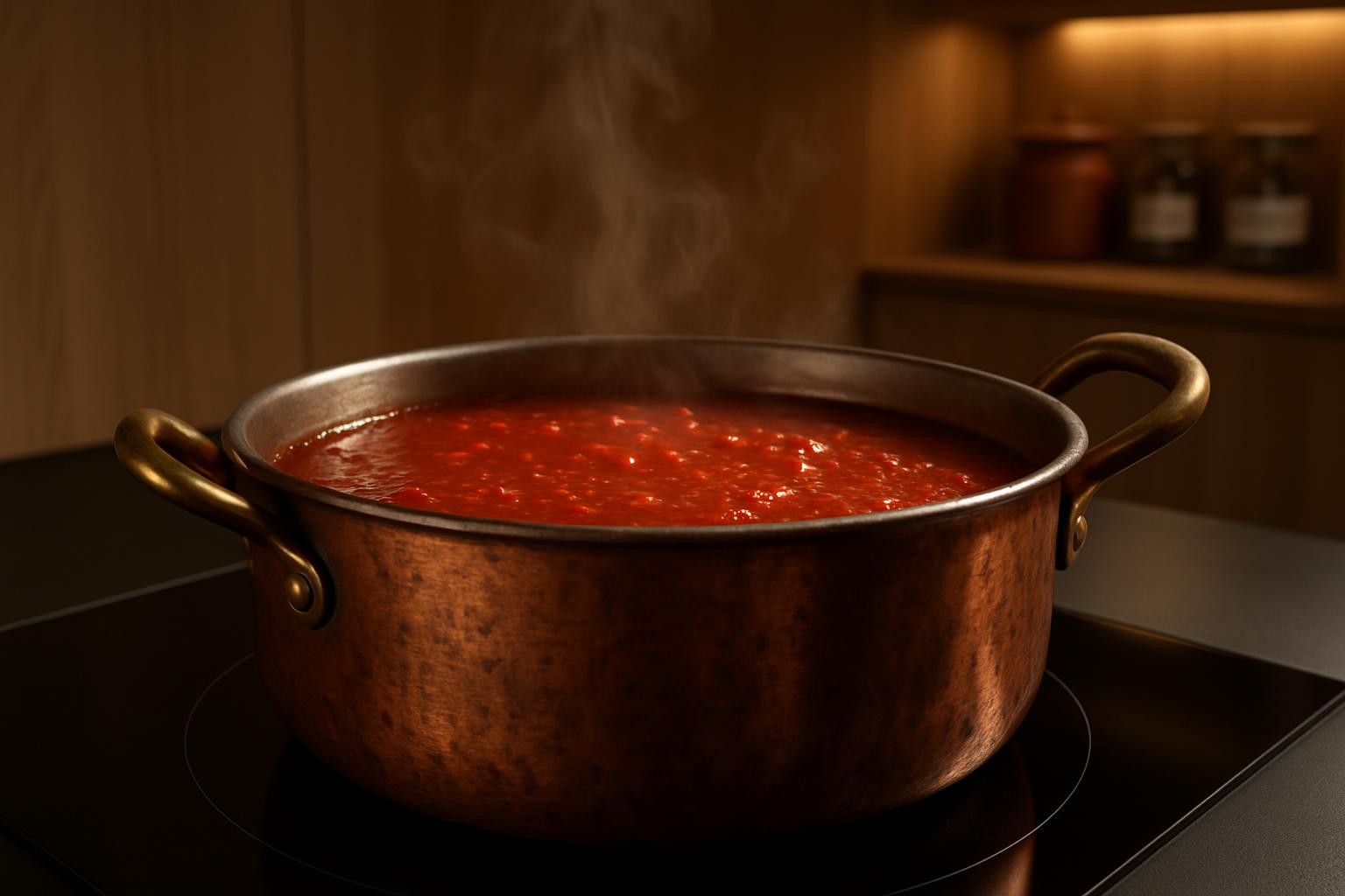 A close-up of a traditional Italian copper pot with a gently patinated surface, filled with slow-simmered tomato sugo, its rich, deep red surface shimmering with tiny droplets of olive oil. The pot rests on a matte black induction cooktop in a sleek, contemporary kitchen lined with light oak panels and discreet built-in shelves stacked with terracotta jars and neatly labeled glass canisters. Focused, warm under-cabinet lighting illuminates the pot from above, creating dramatic highlights on the copper and subtle steam swirling upward against a softly blurred background. Photographic realism with a shallow depth of field, shot at stove level for an intimate, cinematic perspective. The mood is reverent and contemplative, communicating craftsmanship and the guardianship of authentic Italian cooking techniques.